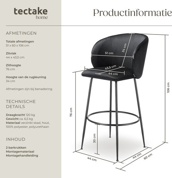tectake® - 2er Set Barhocker Luana - Gepolsterter Barhocker mit Rückenlehne - Barhocker mit Fußstütze - Esszimmerstuhl mit Samtpolsterung - Stabile Stahlbeine mit rutschfestem Bodenschutz - Schwarz/schwarz