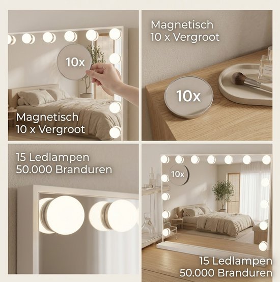 OMNIEXA Hollywood-Spiegel 58 × 46 cm – 15 LED-Lampen – 3 Lichtfarben – dimmbar – 10-fache Vergrößerung – USB-C – Make-up-Spiegel – Visagiespiegel – Vanity – Weiß