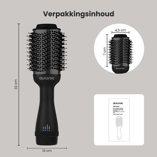 Auronic 3-in-1 Haartrocknerbürste - Airstyler - Lang - Style - Locken - 45 mm Lockenbürste - Keramik-Magic-Bürste - 1000W - Schwarz/Schwarz