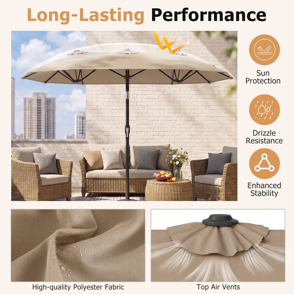 Coast Doppel-Sonnenschirm – rechteckig – mit Handkurbel und Neigungsfunktion – braun 300 x 160 cm