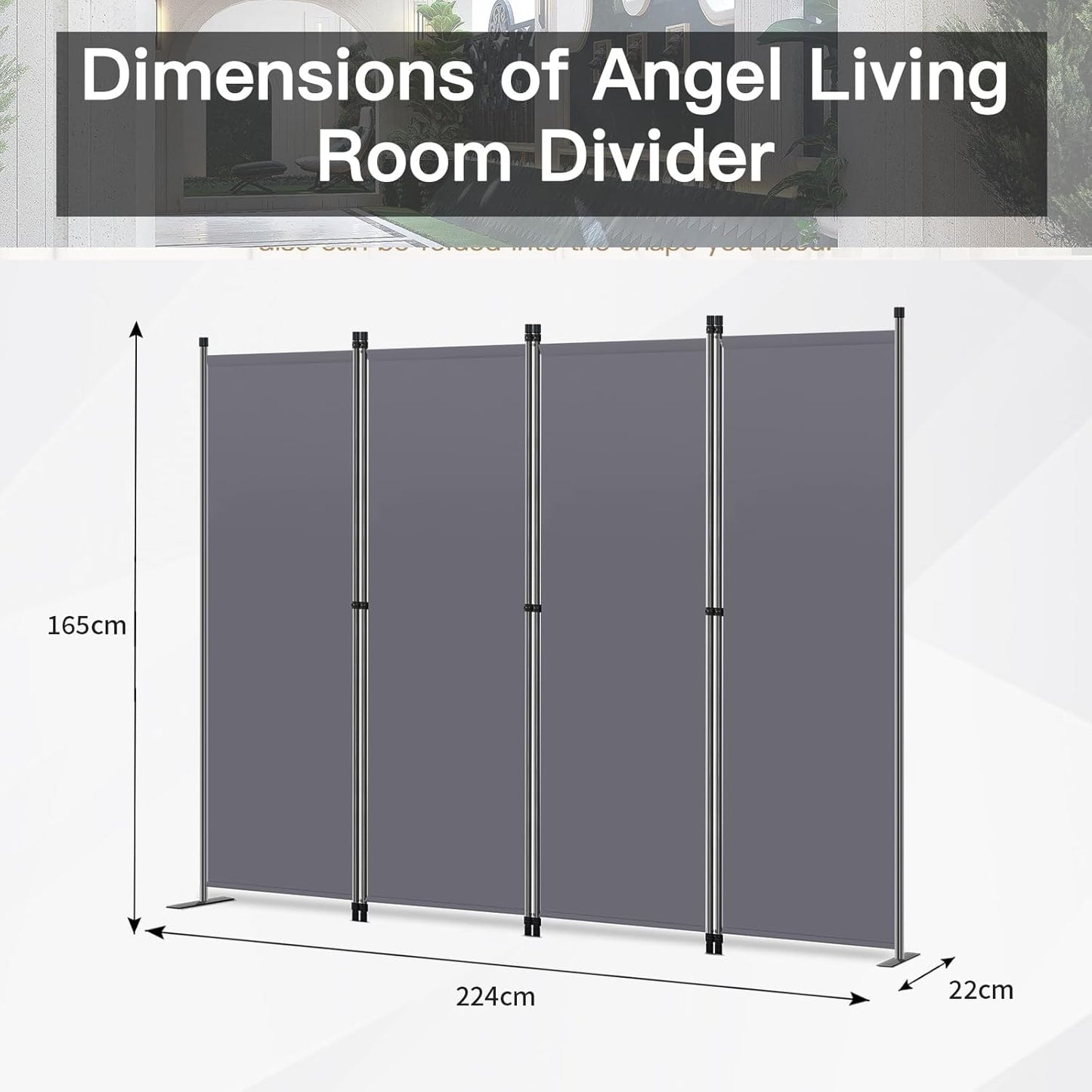 Angel Living Room Screen 4-Panels - Stabiler Raumteiler & Sichtschutz aus Stahl und Polyester, faltbar - Grau