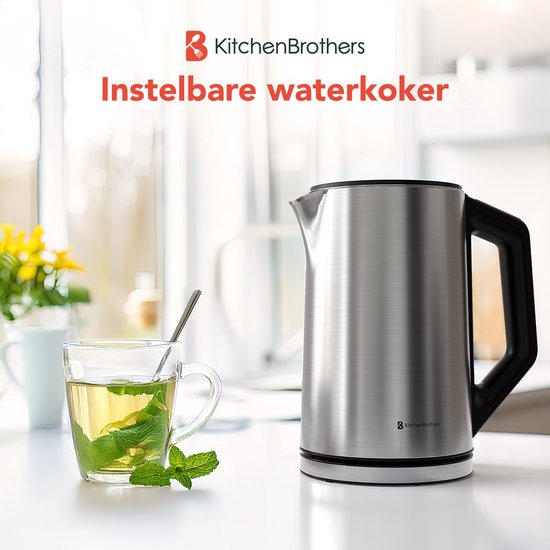 KitchenBrothers Wasserkocher - Elektrisch - 1,5L - 2200W - Einstellbare Temperaturregelung - Doppelwandig - Edelstahl-Wasserkocher - Silber
