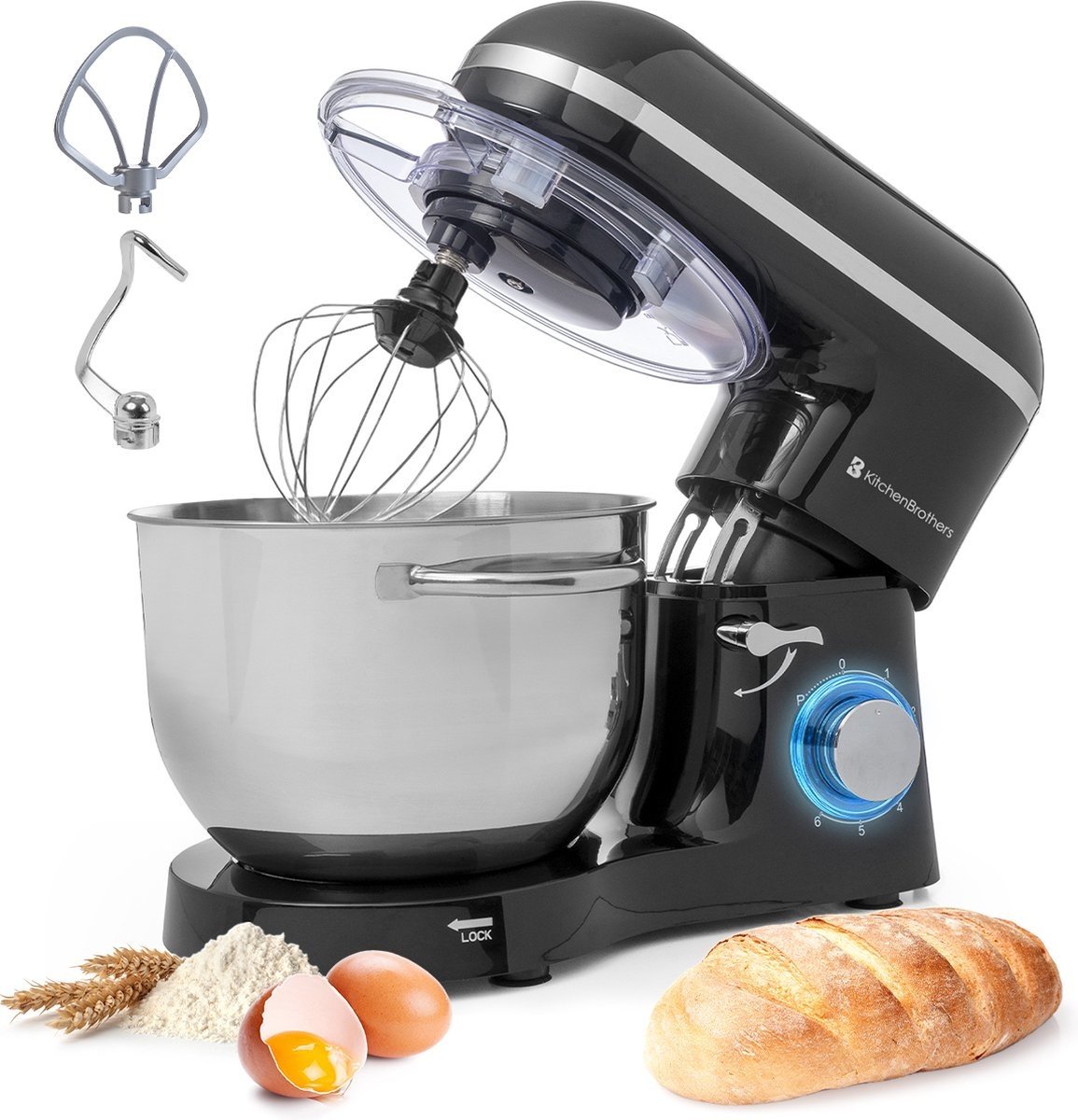 KitchenBrothers Küchenmaschine & Küchenmixer - Inkl. Rührschüssel - 1400 W - 38,7 x 23,8 x 31,4 cm - Schwarz