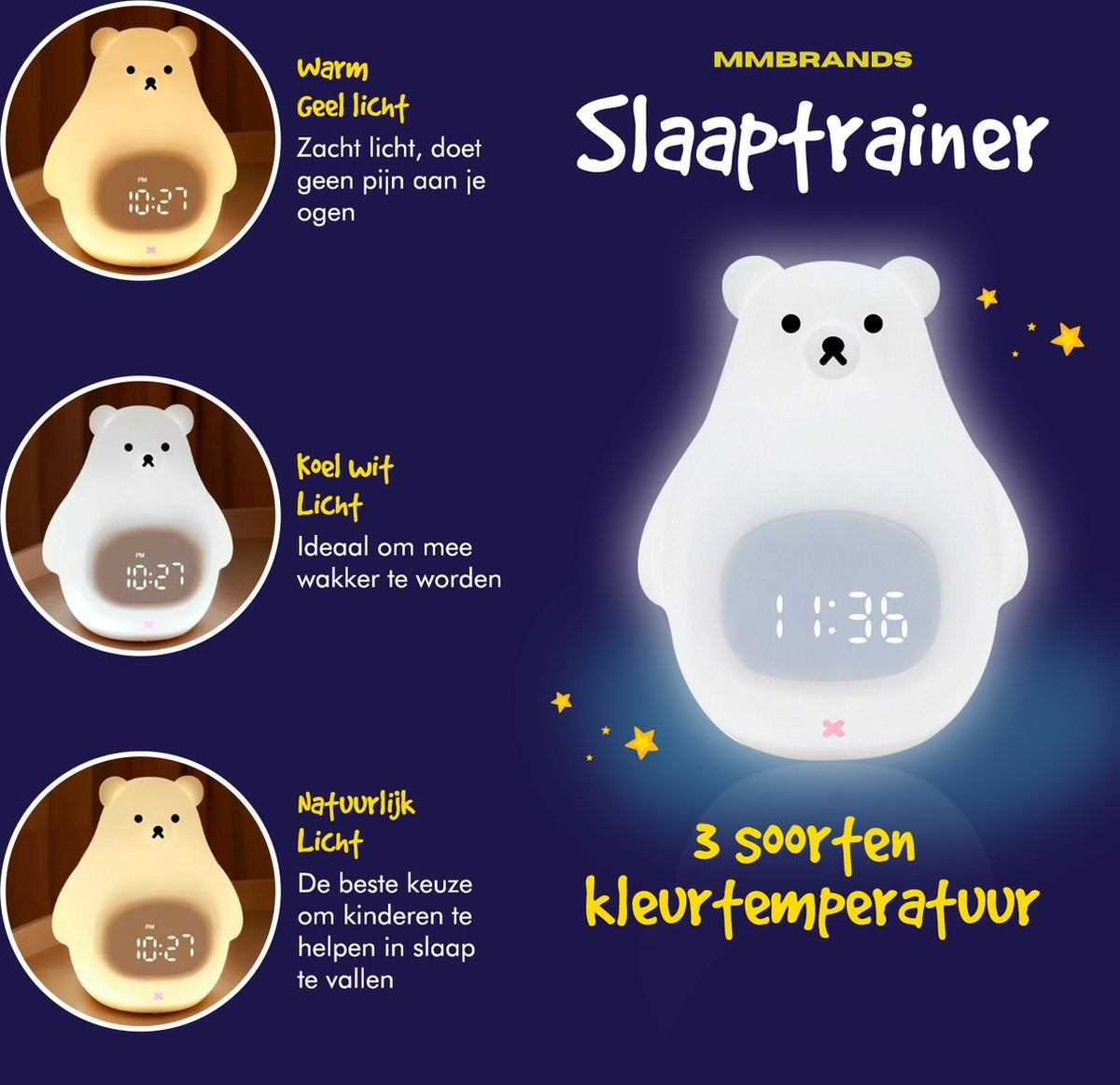 MM Brands Sleep Trainer - Kinderwecker - Nachtlicht - Uhrzeit & Temperatur - 7 Lichtfarben - Bär