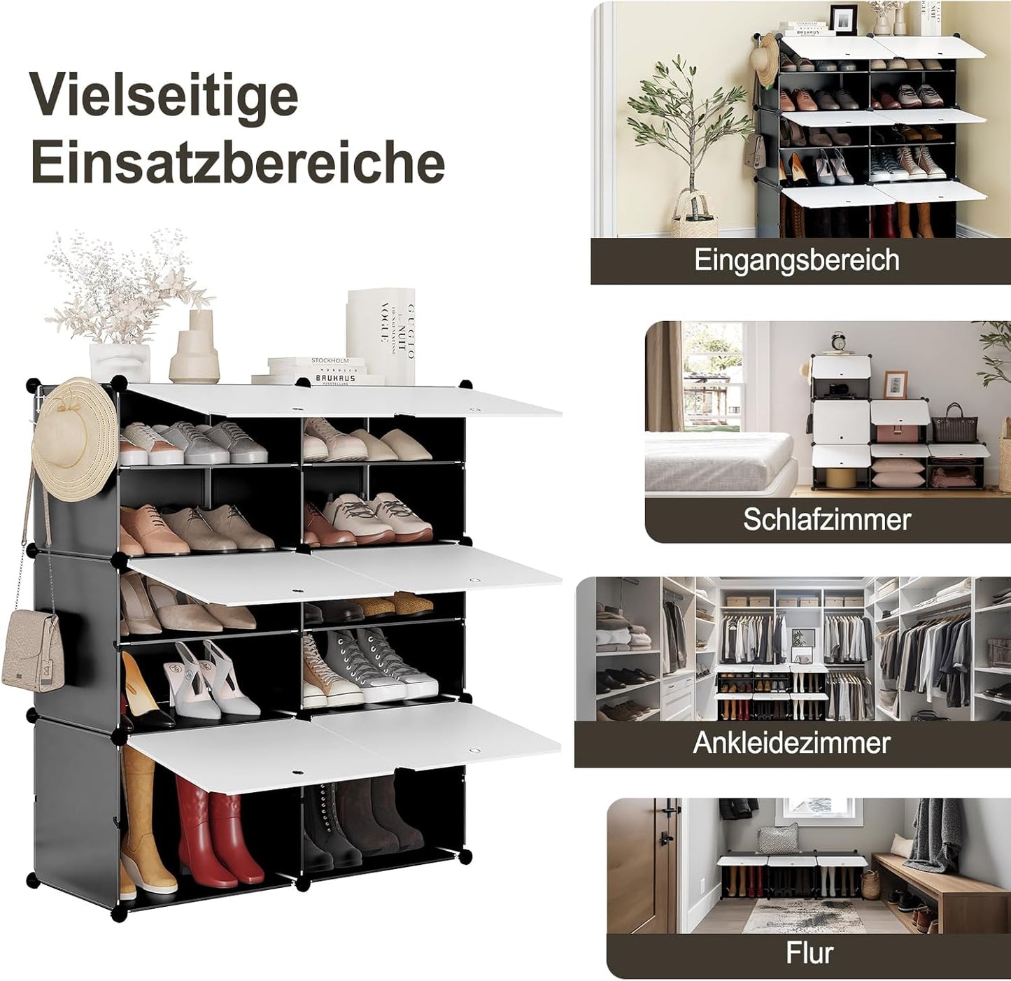 Woltu Schuhregal mit 6 Fächern – Aufbewahrungsschrank für 24 Paar Schuhe – Weiß/Schwarz – 94 x 36,5 x 109 cm