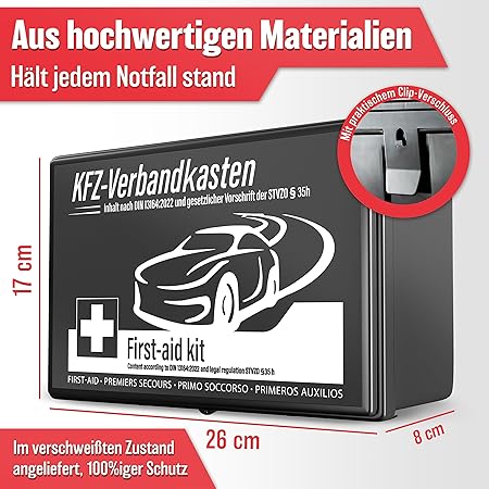 HELDENWERK Auto-Verbandskasten 2026 Europaweit einsetzbar und geprüft (nach deutschem Verkehrsrecht) - Verbandskasten Verbandskasten DIN 13164 zertifiziert - Verbandstasche - Schwarz