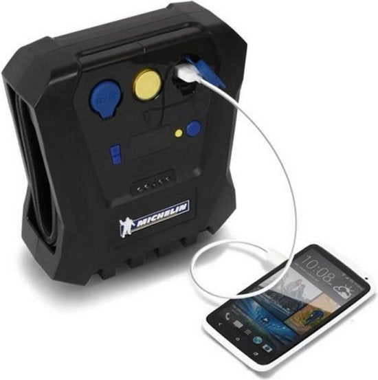Michelin Compressor Luftpumpe 12 V – Einstellbarer Luftdruck (0,05–7 bar) – Mit USB-Anschluss – Elektrische Luftpumpe – Fahrrad/Auto/Motorrad/Ball/Luftmatratze – Mit verschiedenen Düsen