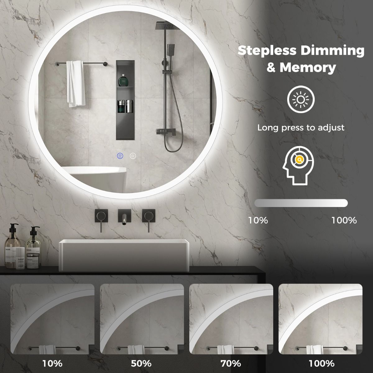 Coast Ronde LED-Badezimmerspiegel – Kosmetikspiegel mit Hintergrundbeleuchtung – 3 Lichtfarben – 60 cm – Silber