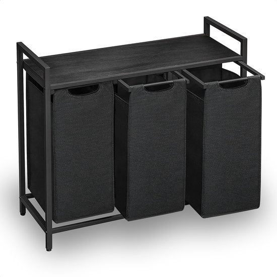 Goliving Wäschesortierer - Wäschekorb mit 3 Fächern - Wäschebox - Oxfort Textil/Metall/Holz - 3 x 38 Liter - 25 x 92,5 x 71 cm - Schwarz