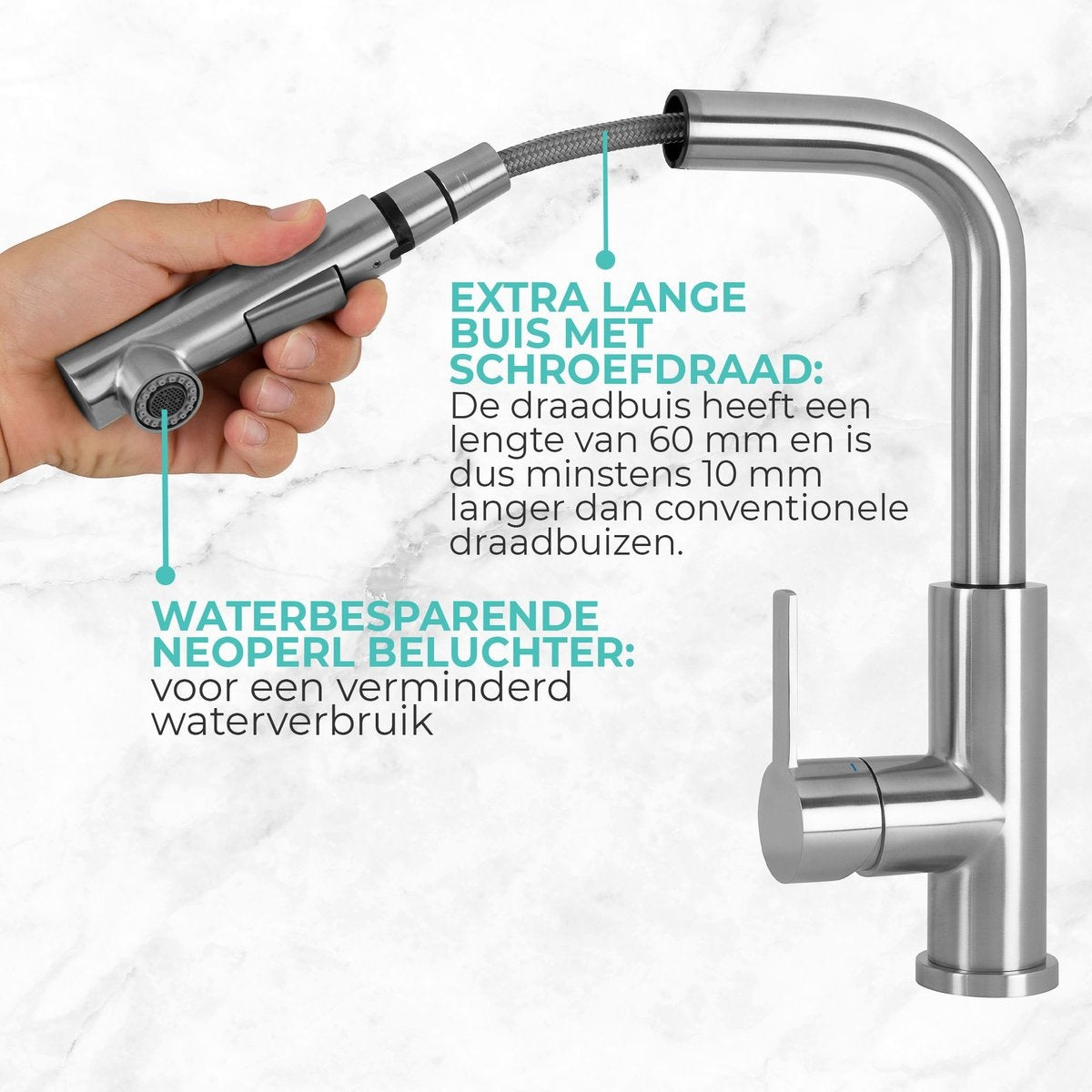 Edelstahl Küchenarmatur mit ausziehbarer Handbrause - Mischbatterie mit ausziehbarem Auslauf - Design-Armatur von Mizzo Design