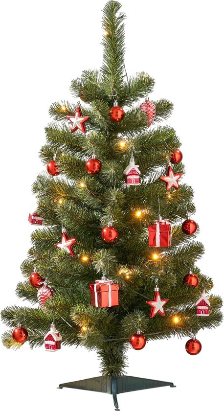 Black Box Trees Joy Künstlicher Weihnachtsbaum mit 26 Ornamenten und LED-Lichtern - H90 x Ø50 cm - Grün, Rot