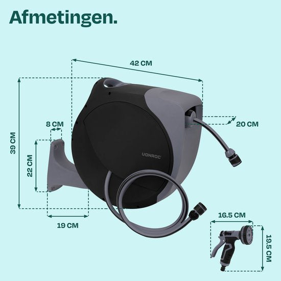 VONROC Automatische Schlauchtrommel – Wandschlauchbox – inkl. 20 m Premium-Gartenschlauch, Spritzpistole mit 8 Sprühstufen und Anschlüssen – schwarz/grau