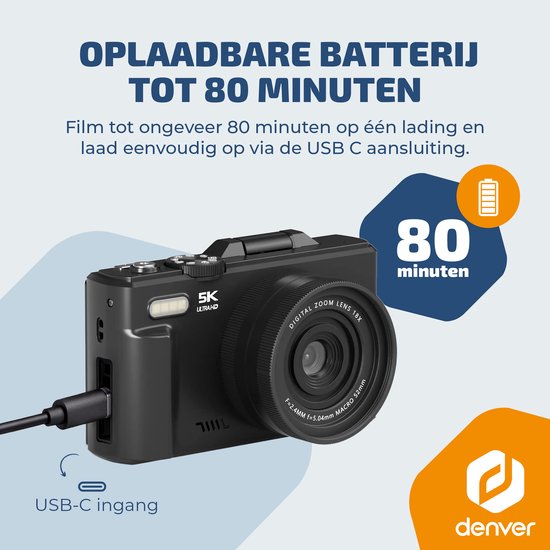 Denver Digitalkamera – Full HD 5K – 75 MP – Vlog-Kamera – WLAN-Verbindung – Foto & Video – Fotokamera – DWC8475B