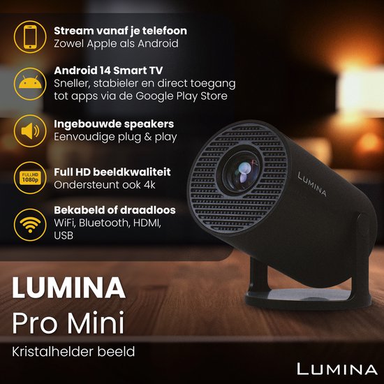 Lumina® Pro Mini Beamer 2026 - Android 14 Smart Projektor mit Google Playstore - Heimkino - Für iOS & Android - WiFi 6 & Bluetooth 5.4 - Schwarz