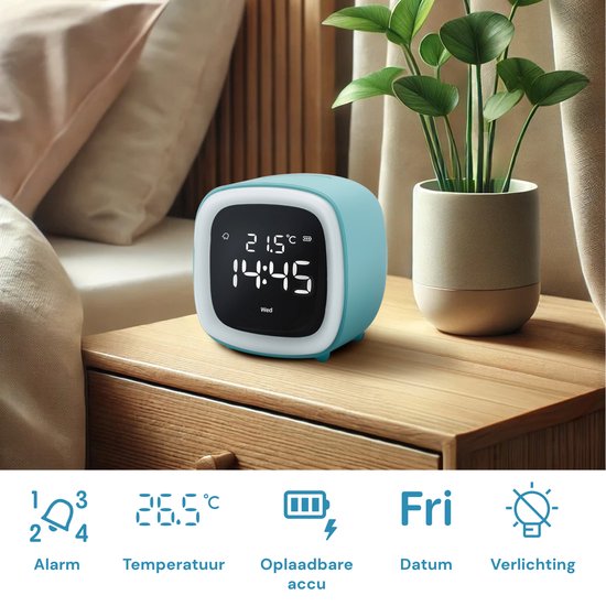 JustAnotherProduct AP18 - Wiederaufladbarer Digitalwecker mit Licht (3 Modi) - Wecker mit Temperatur (15,5°C bis 50°C) - 12/24h Wecker - Nachtlicht - Hellblau