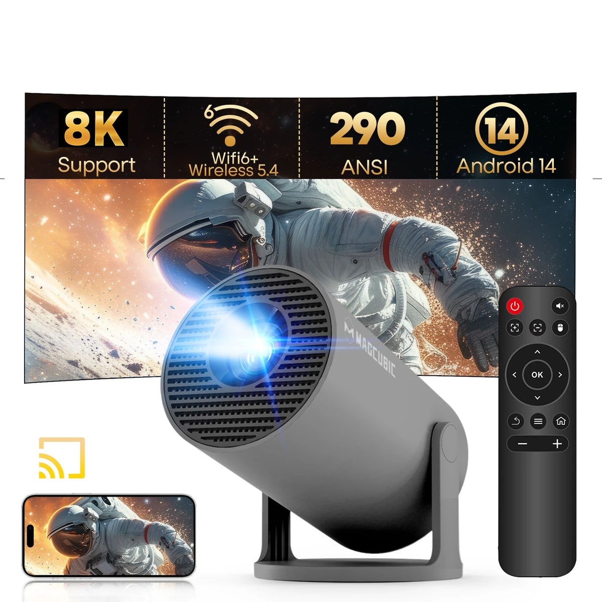 Magcubic HY300 Pro Mini-Beamer mit WLAN 6 und Bluetooth 5.4 – Android 14 – 290 ANSI – Grau
