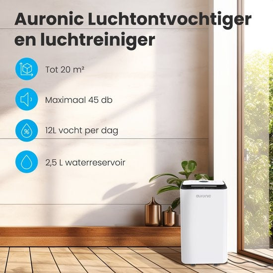 Auronic - Luftentfeuchter 12L - Mit Wäschetrocknungsfunktion, Luftreiniger, 185W, Flüsterleise (36 dB), Geeignet für 48 m³ - Weiß