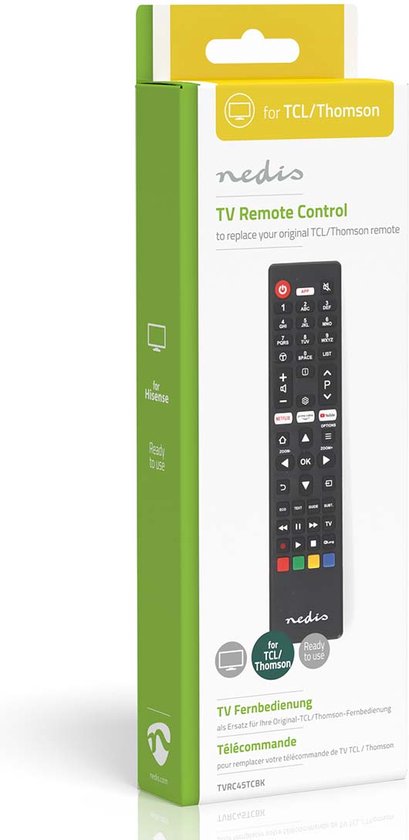 Nedis Ersatzfernbedienung – Geeignet für: TCL/Thomson – Vorprogrammiert – 1 Gerät – Amazon Prime-/Netflix-Taste/YouTube-Taste – Infrarot – Schwarz