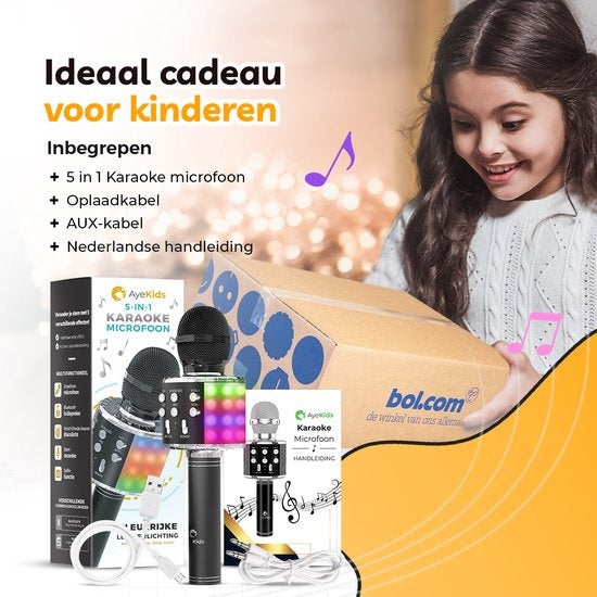 AyeKids 5-in-1 Karaoke-Mikrofon - Drahtlos & Bluetooth - Eingebauter Lautsprecher & Disco-Lichter - Inkl. AUX-Kabel - Mikrofon Kinder - Karaoke-Set - Schwarz