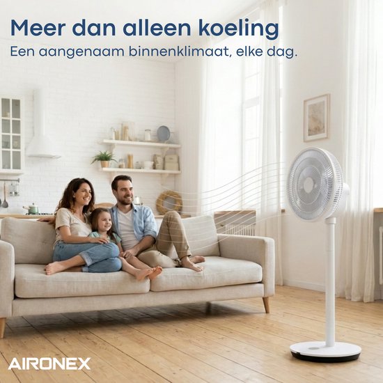 Aironex Ventilator – Leiser Standventilator mit 26 Geschwindigkeitsstufen – Steuerung per App – Geringer Stromverbrauch – Weiß – Mit Aromafunktion und WLAN – Timer und Nachtmodus – Höhenverstellbar – Horizontale + vertikale Schwenkfunktion