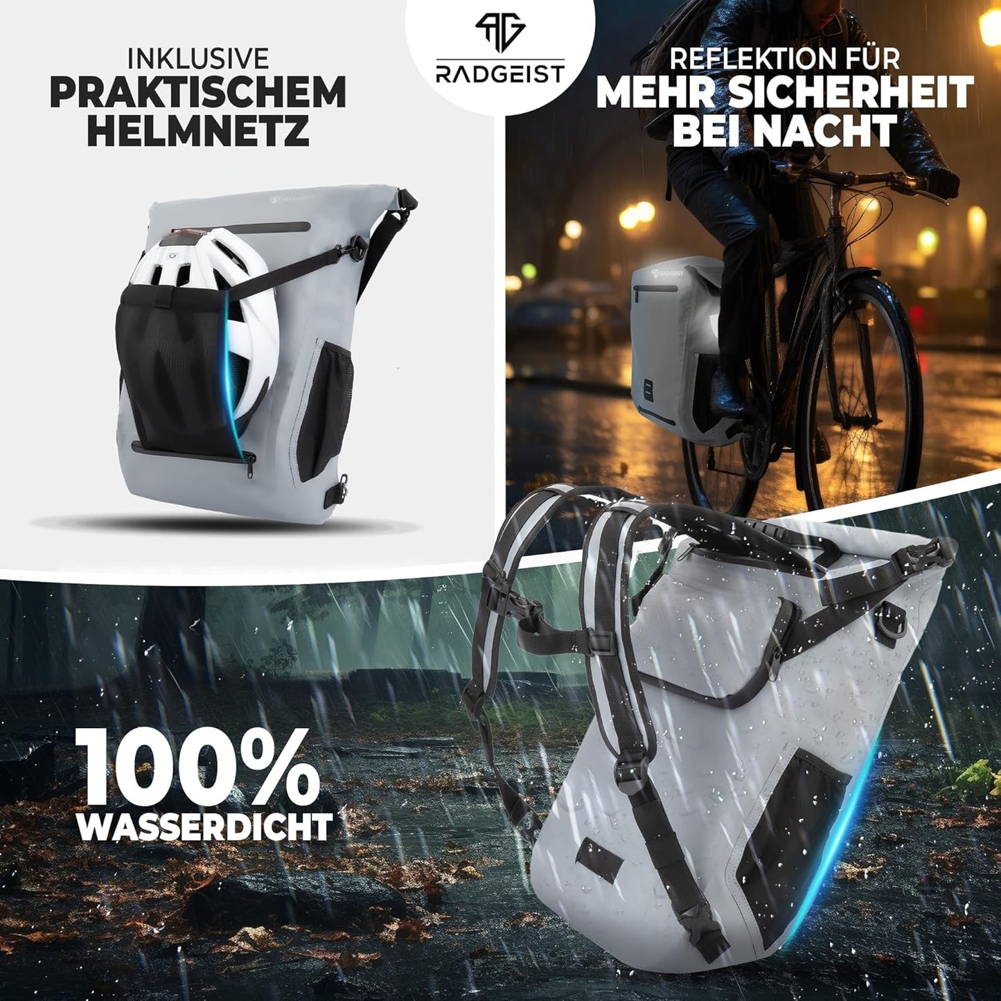 RADGEIST 3in1 Fahrradtasche für Gepäckträger I Fahrradtasche, Rucksack & Umhängetasche 18-22L I Tasche für Fahrrad 100% wasserdicht grau