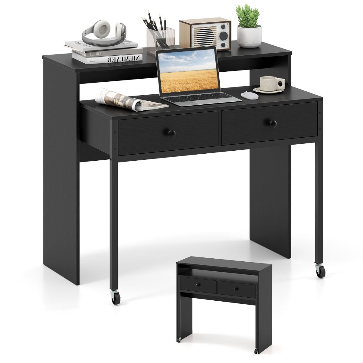 Coast Ausziehbarer Schreibtisch – mit 2 Schubladen – feststellbare Rollen – schwarz – 100 x 63 x 88 cm