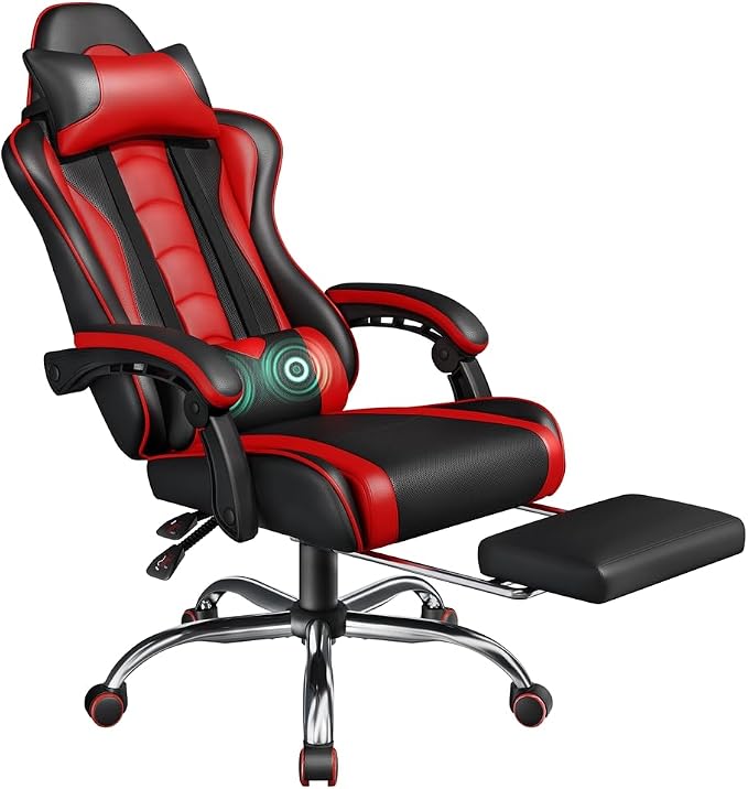 Yaheetech ergonomischer Gaming-Stuhl – Fußstütze und Massagekissen – Schwarz/Rot