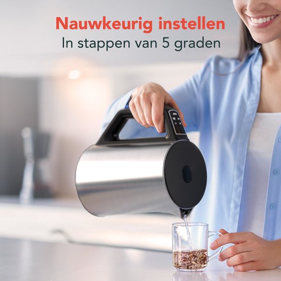 KitchenBrothers Wasserkocher - Elektrisch - 1,5L - 2200W - Einstellbare Temperaturregelung - Doppelwandig - Edelstahl-Wasserkocher - Silber