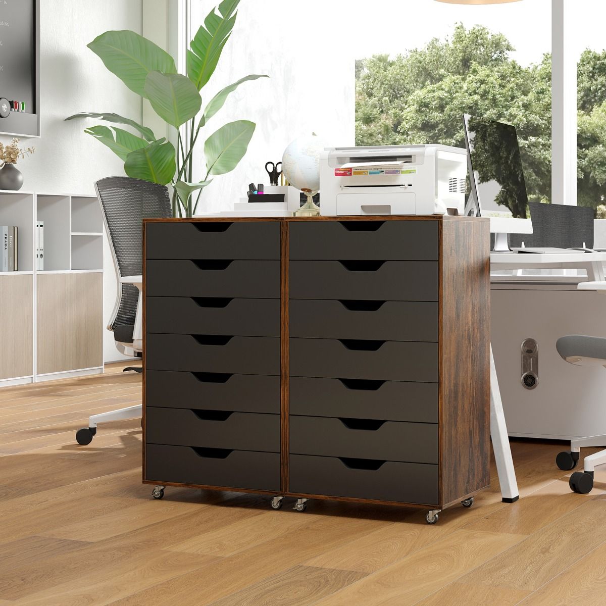 Coast Rollbare Holzkommode mit 7 Schubladen und Rollen – 49 x 40 x 89 cm – Rustikales Braun/Schwarz