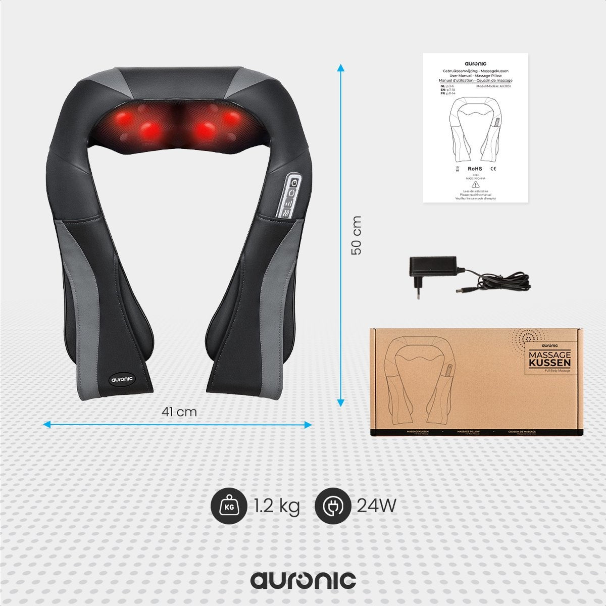 Auronic Shiatsu Massagekissen - mit Wärmefunktion - 8 Massageknöpfe - Infrarot - Schwarz