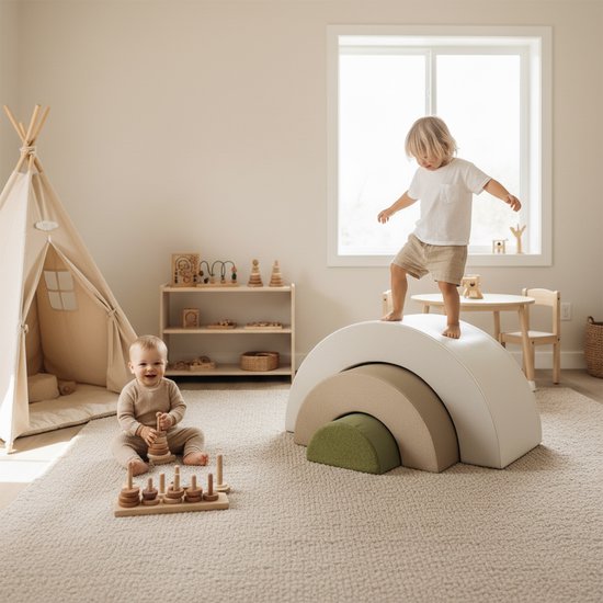 Sunny Seli Regenbogen-Schaumstoffblöcke – Weiche Kletter-, Stapel- und Spielblöcke – Beige, Braun und Grün – Softplay-Schaumstoffblöcke – Montessori-Spielzeug – 3-teilig – Ab 12 Monaten – Sicheres Spielen und Lernen