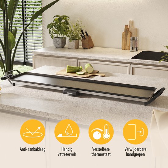 Tristar Grillplatte BP-2670- Tischgrill XL: 100 x 23 cm - Für den Innen- und Außenbereich - BPA frei - Gourmet-Grillplatte für den Tisch - 10 bis 12 Personen - Mit einstellbarem Thermostat - Antihaftbeschichtung - Schwarz