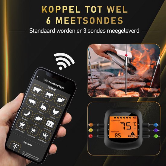MostEssential - PRO-3 Digitales Fleischthermometer - Kabellos mit App - 100M Reichweite - inkl. 3 Messfühler - Schwarz