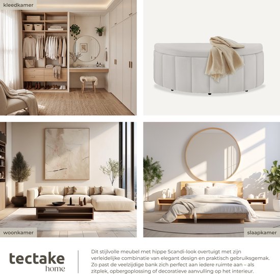 tectake® Polsterbank „Moon“ – Hocker mit Stauraum – Großes Staufach – Halbmondform – Sitzbank – 108 x 48 x 38,5 cm – Belastbarkeit 150 kg – Samt, Taupe