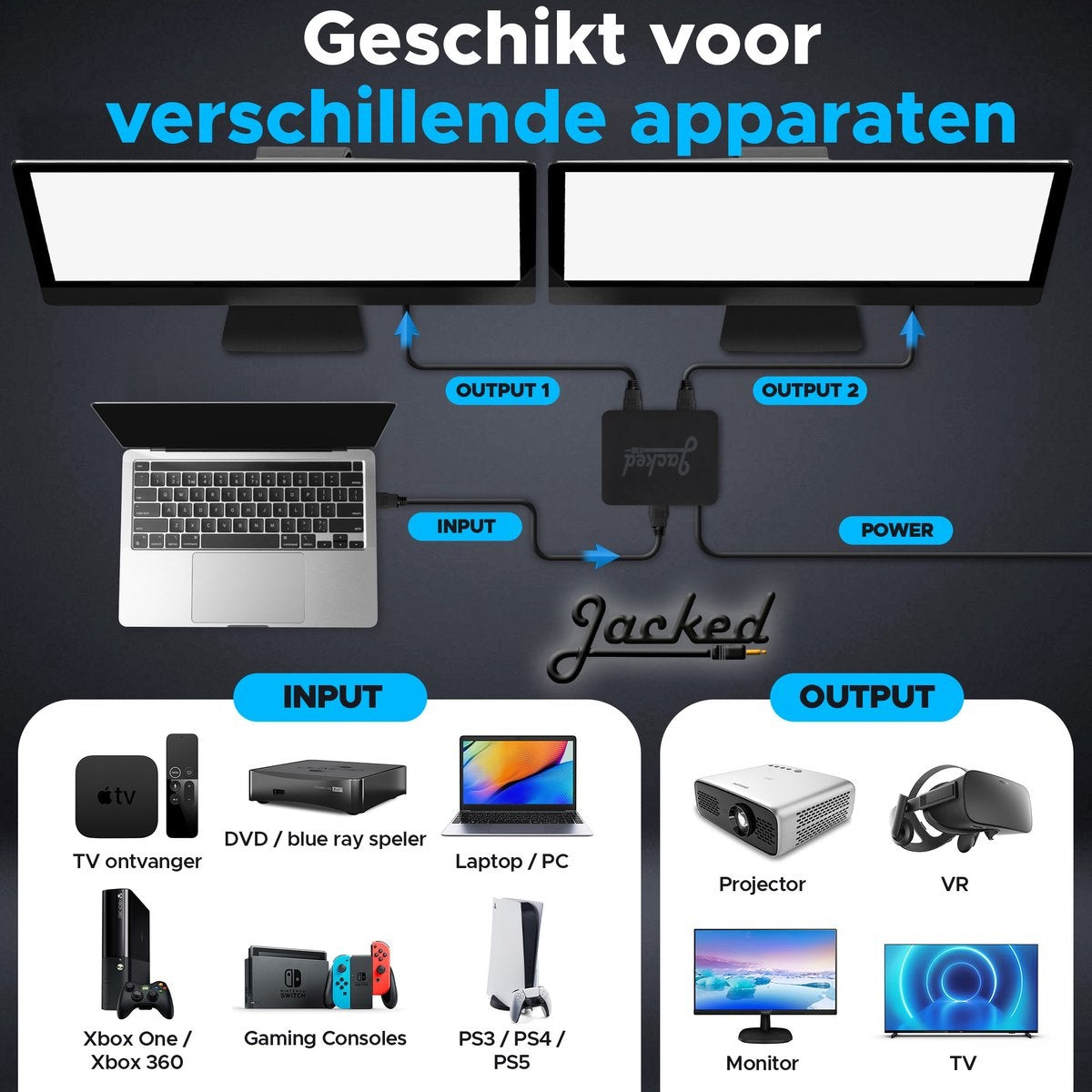 Jacked 2-Wege-HDMI-Splitter - Mit Buchse - HDMI-Umschalter 4K - Schwarz