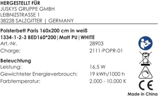 Polsterbett Paris - 160 x 200 cm - Weiß - LED-Beleuchtung