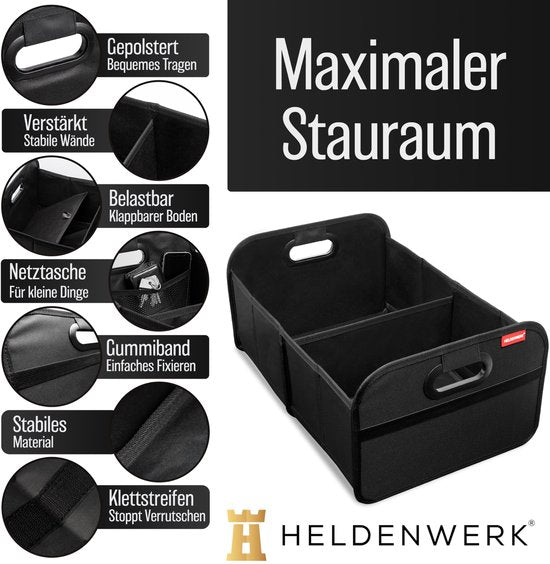 HELDENWERK Kofferraumtasche faltbar und stabil - Kofferraum-Organizer Einkaufstasche zur praktischen Aufbewahrung - Auto-Faltbox, Kofferraumbox (schwarz)