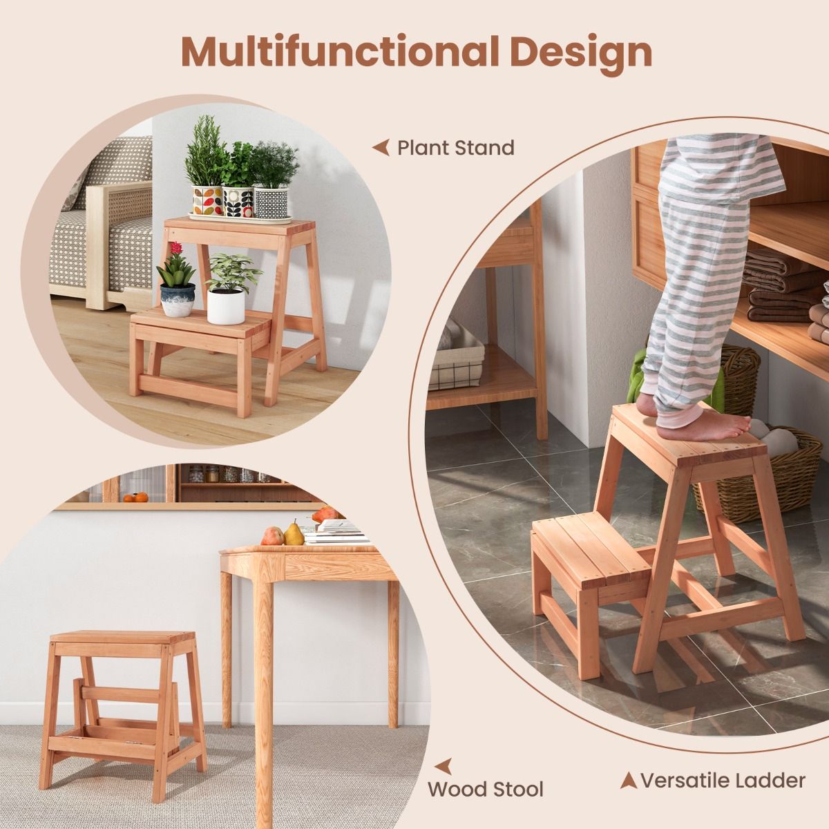 Coast 2-Step Foldable Wooden Stool Natural - Multifunktionale Stufe für Kinder und Erwachsene 50x39x45 cm