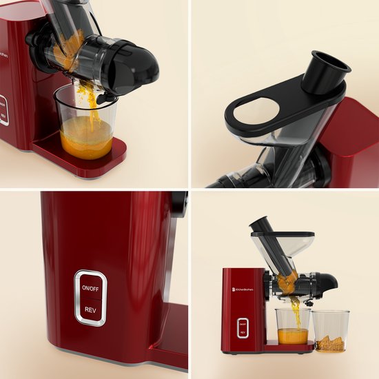 KitchenBrothers Slowjuicer - Mini-Entsafter - Gemüse- und Obstpresse - 40 mm und 50 mm Einfüllöffnung - 400 ml - Rot