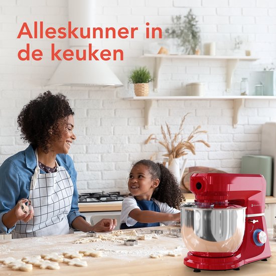 KitchenBrothers Küchenmaschine - 6-in-1 Küchenroboter - 1500W - mit Fleischwolf, Mixer und 15 Zubehörteilen - 6,2L Schüssel aus Edelstahl - Rot