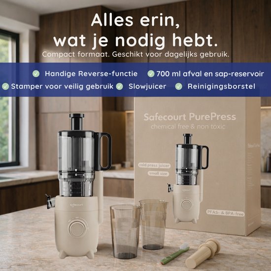 Safecourt Kitchen Slow Juicer - leistungsstarker Motor [Vorschneider & Kaltpress-Technologie] - einfache Reinigung - BPA-frei - Entsafter Beige