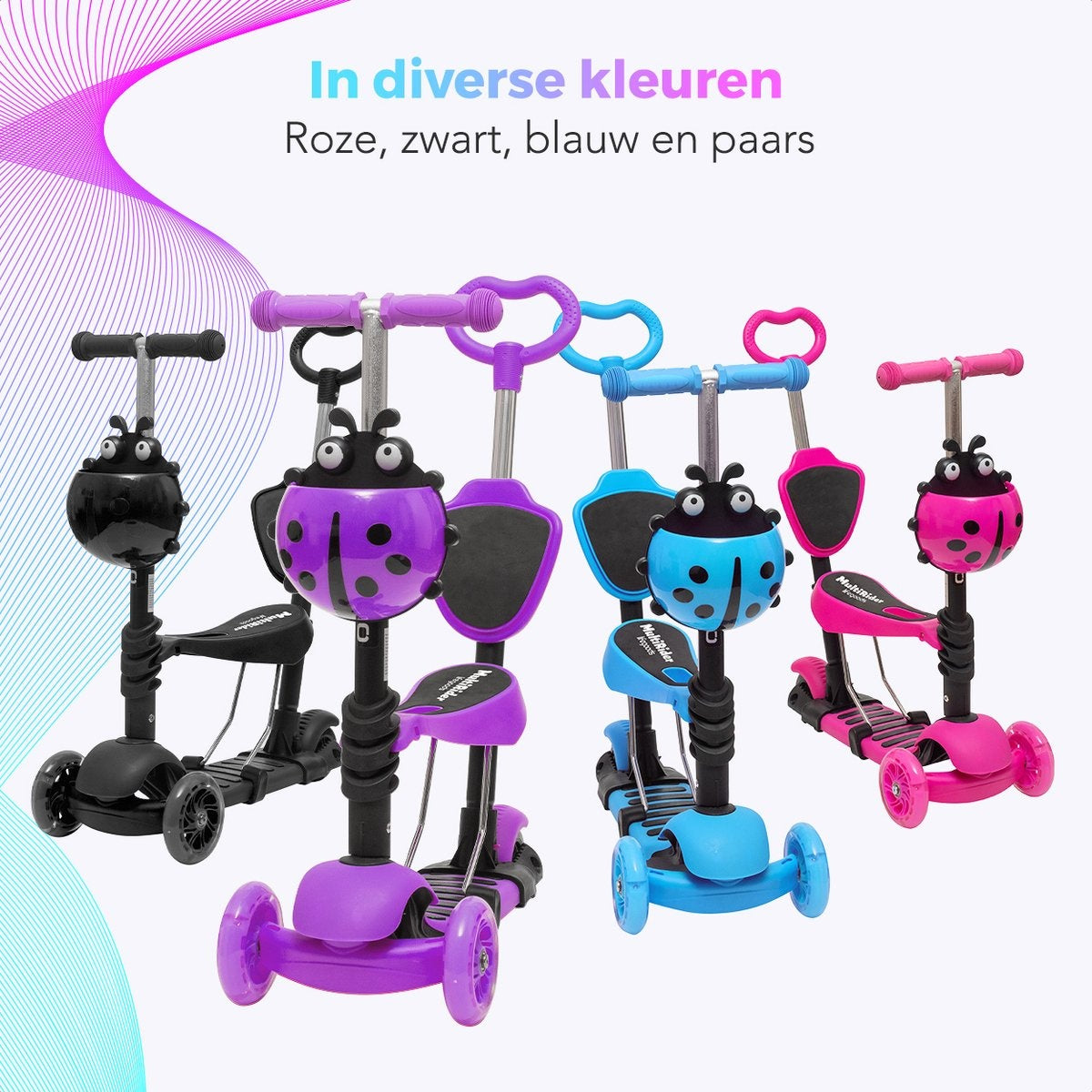 LifeGoods MultiRider - Kinderroller mit Schiebestange - 3 -8 Jahre - Jungen/Mädchen - 3 leuchtende Räder - Lila