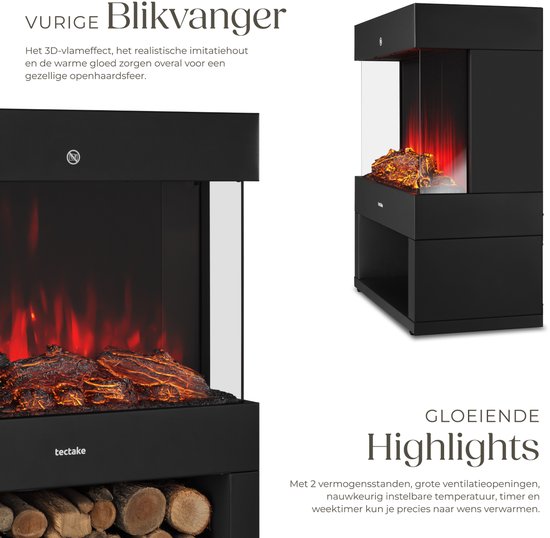 tectake® Elektrokamin - Atmosphärischer Kamin - 900W & 1800W - Freistehend - Kaminofen - mit Heizung - Kamine - mit Holz- und Glüheffekten - 3D Flammen - Timer