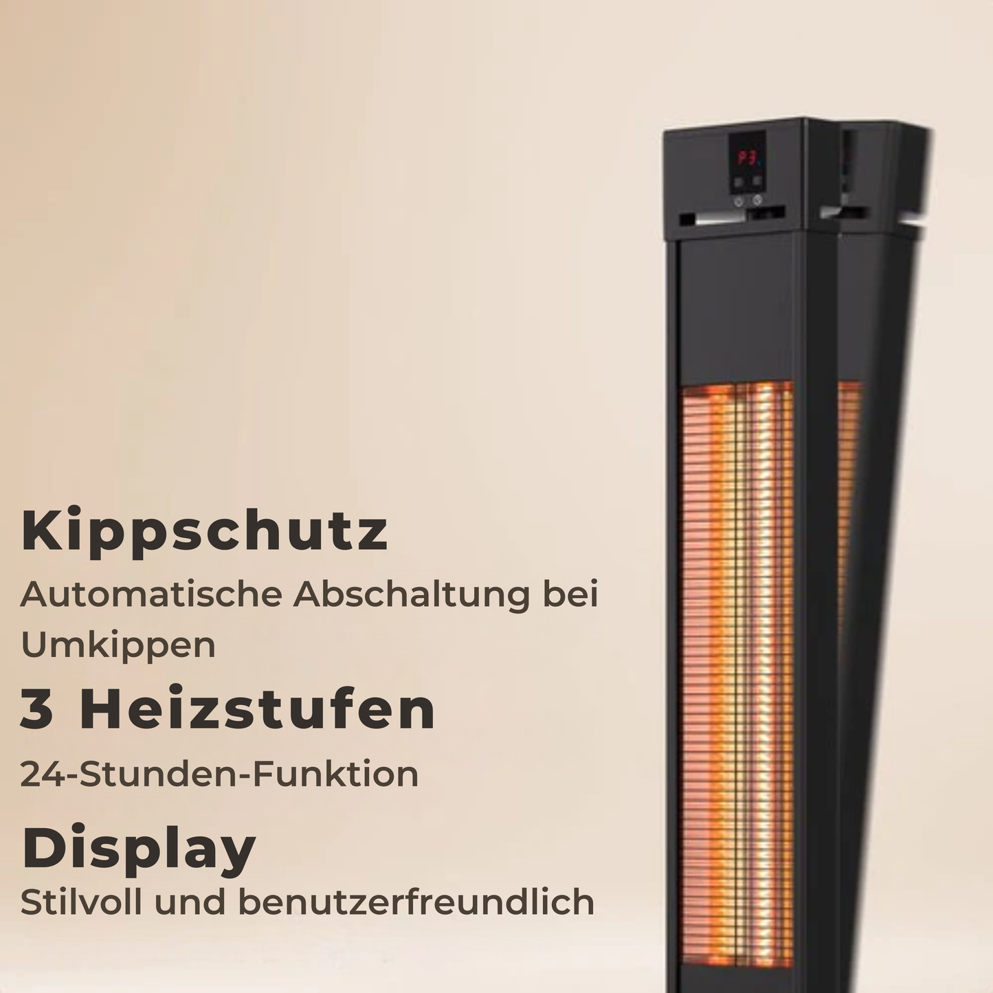 Auronic Terrassenstrahler - Infrarotheizung - Stehend - 20m2 - Elektrisch - 2000W - Fernbedienung - 3 Stufen - Schwarz