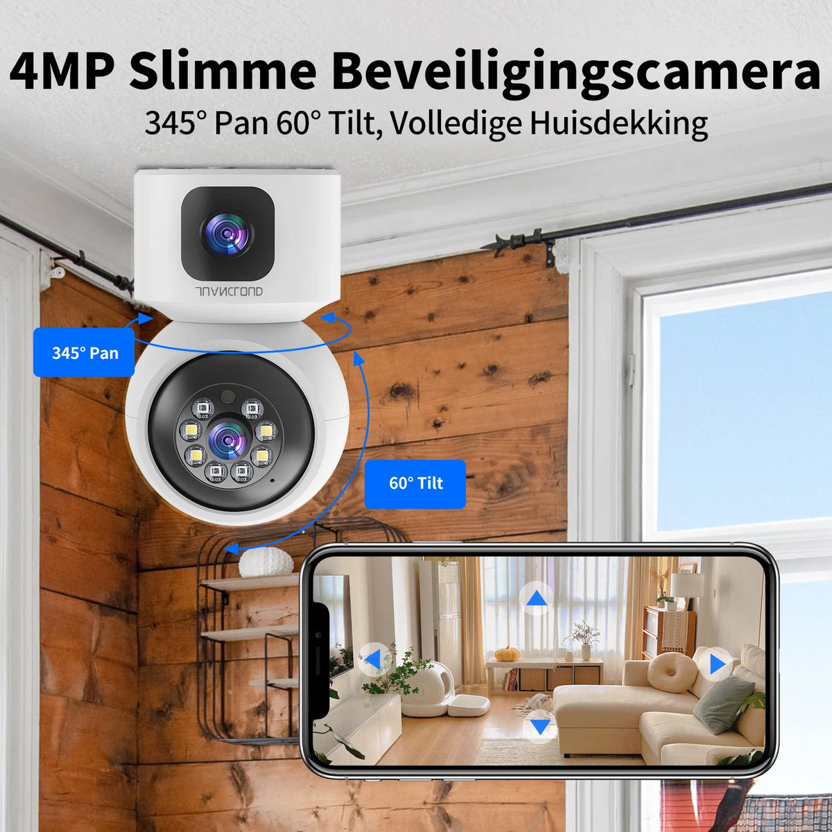 Juancloud-Überwachungskamera für den Innenbereich mit zwei Objektiven – 2K Ultra HD mit Nachtsicht – Zwei-Wege-Audio und KI-Bewegungserkennung – Weiß