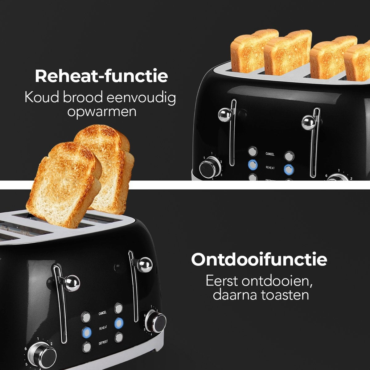 KitchenBrothers Retro-Toaster - 6 Heizstufen - 4 extra breite Schlitze - 1630W - Aufwärm- und Auftaufunktion - Schwarz