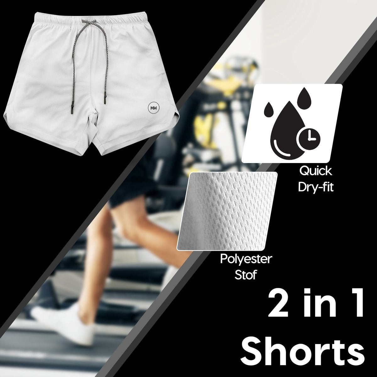 MWÂ¬Ã† - Sportbroek Heren - Fitnessbroek - Sportkleding - 2 in 1 Shorts - Hardloopbroek (Grijs - S)