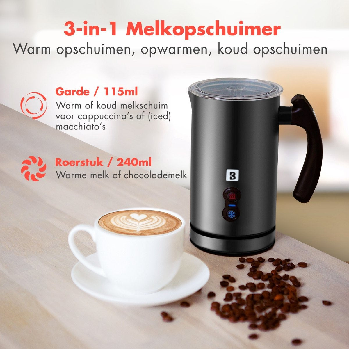 KitchenBrothers Elektrischer Milchaufschäumer - 240 ML - Schwarz