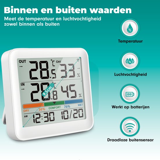 Iqonic Funk-Wetterstation - Innen- und Außenbereich - batteriebetrieben - Luftfeuchtigkeitsmesser - mit Außensensor - weiß