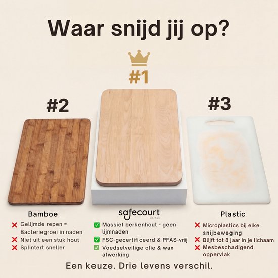 Safecourt Kitchen 3-teiliges Schneidebrett-Set aus Holz [100% frei von Mikroplastik] - inklusive Aufbewahrungsständer - FSC-zertifiziertes Birkenholz